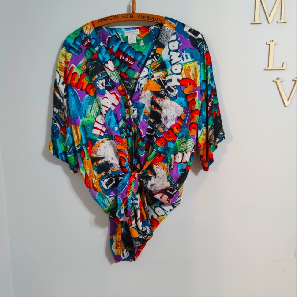 silk 80s oversized luxury V neck regal Hawaii slick button front blouse L - Picture 1 of 9
